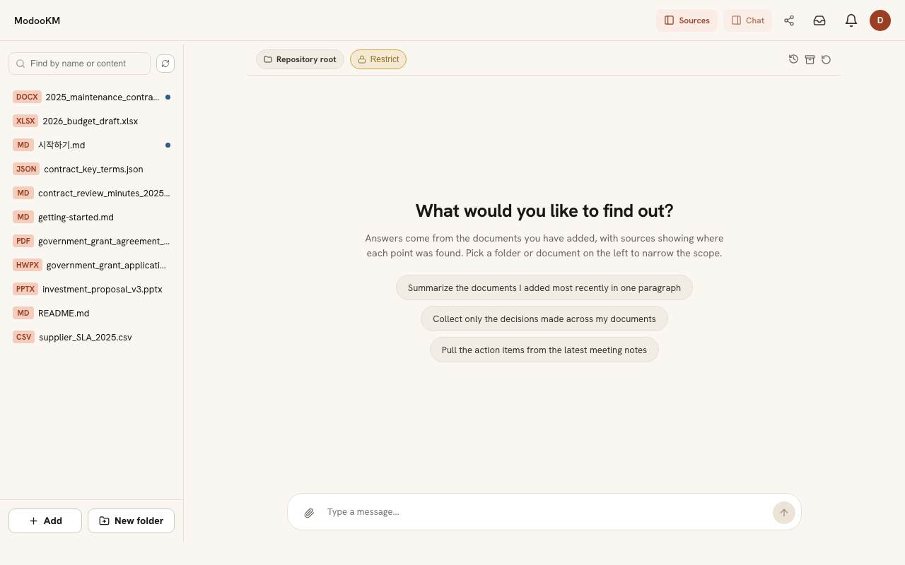 Screen right after signup: a personal repository already stocked with sample documents and suggested questions