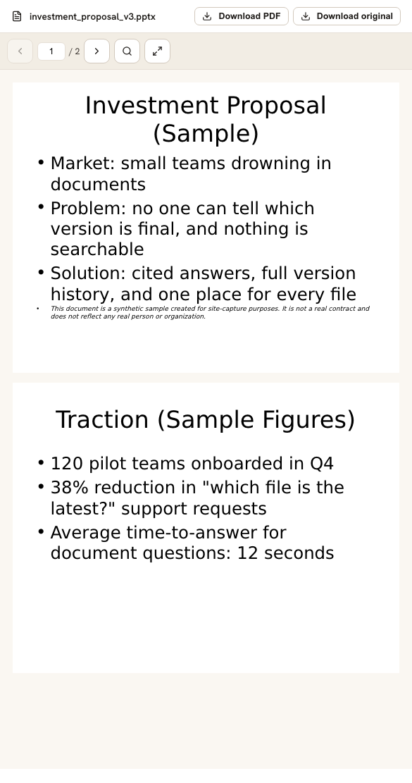 A shared link opened on a phone: after entering a password, a PowerPoint document opens in a PDF viewer with a download button